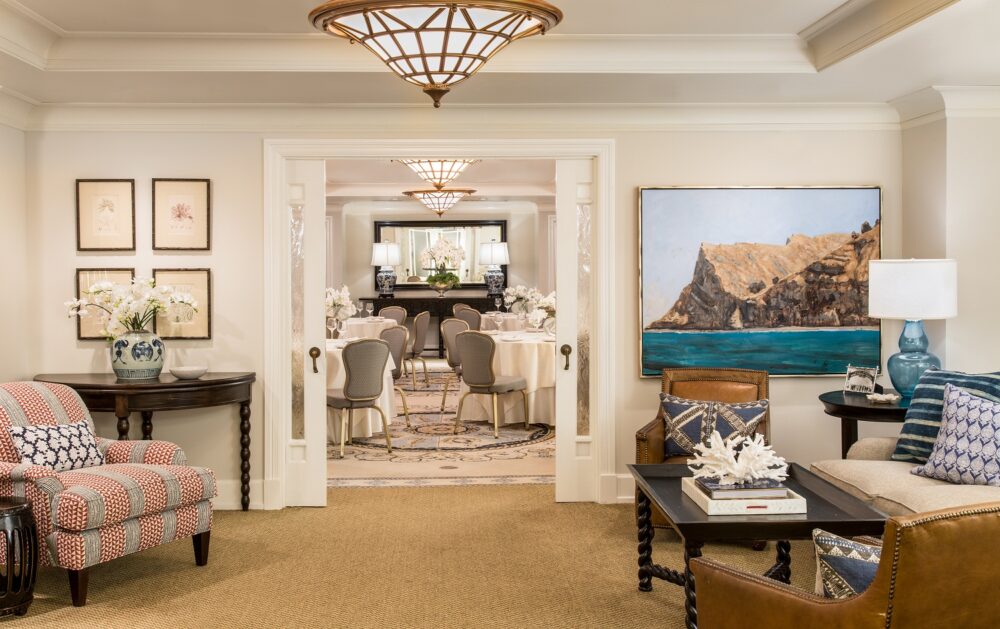 Santa Monica event space with ample seating, opening to a dining area in Casa’s Crimson Room.