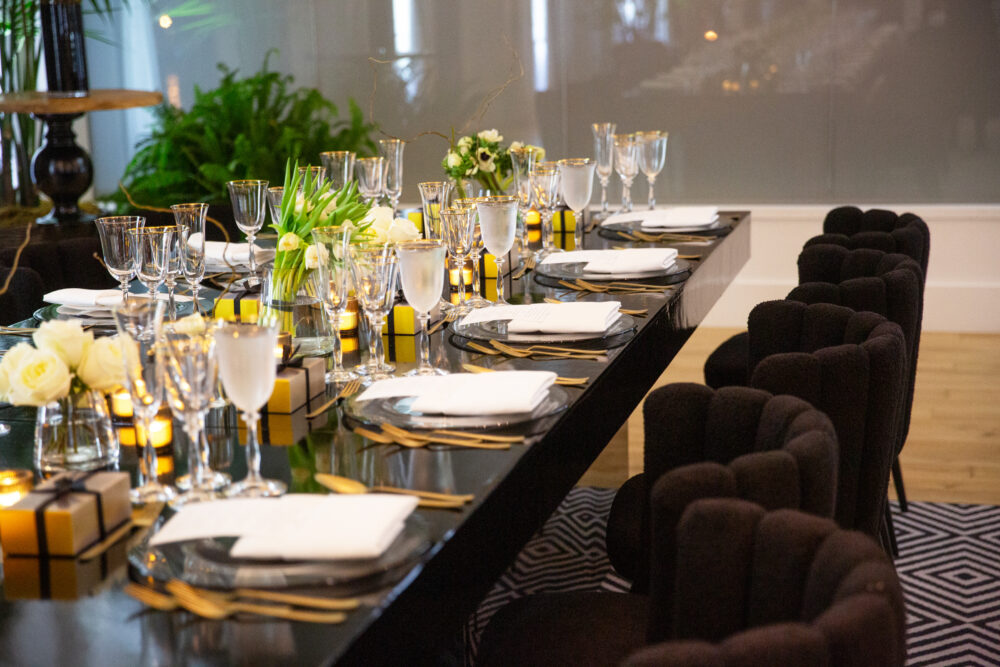 table set up for a dinner with 10 people