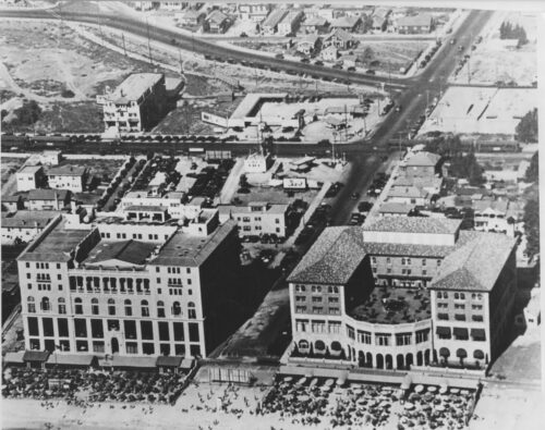 black & white photo of an ariel view of both hotels in the 1930's